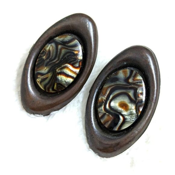 Vintage Treska Oblong Bronze/Grey Tone Metal and Faux Abalone Pierced Earrings - Picture 5 of 8